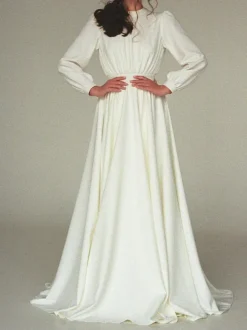 Robe de mariée simple robe de mariage col rond manche longue au sol