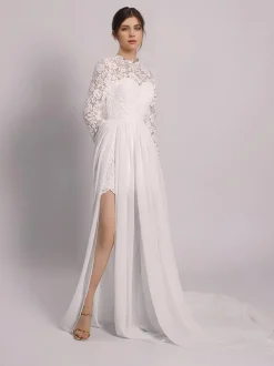 Robe de Mariée Simple Robe de mariée 2 Pièces Ivoire manches longues col roulé en tulle Robes de mariée