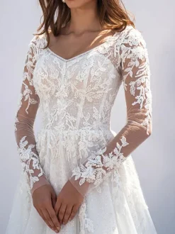 Robe de mariée simple robe mariage col V manche longue à traîne