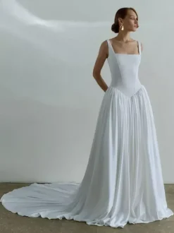 Robe de mariée simple taille basque robe de bal col carré sans manches 50 cm robes de mariée