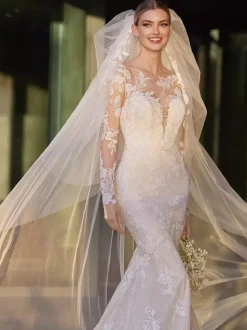 Robe de mariée sirène décolleté illusion manches longues taille naturelle dentelle avec traîne
