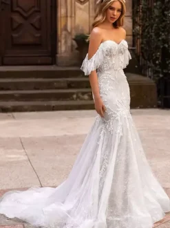 Robe de mariée sirène en dentelle décolleté en c艙ur taille naturelle avec traîne