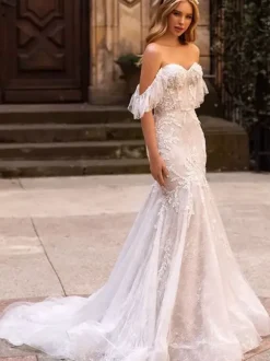 Robe de mariée sirène en dentelle décolleté en c艙ur taille naturelle avec traîne