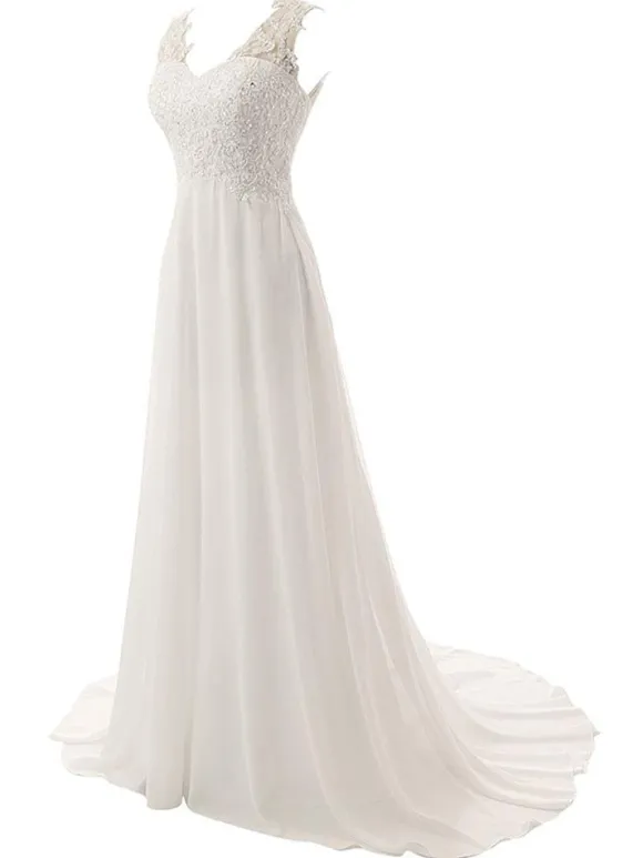Robe de mariée trapèze col V boutonné sur dos à traîne