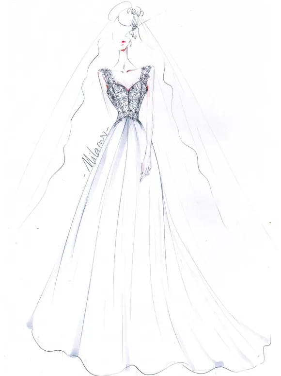 Robe de mariée trapèze col V boutonné sur dos à traîne