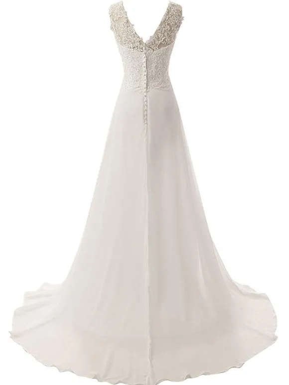 Robe de mariée trapèze col V boutonné sur dos à traîne
