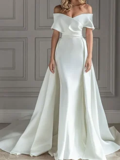 Robe de mariée vintage charleston ivoire en satin col bateau jupe sirène à traîne robe de mariage rétro