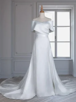 Robe de mariée vintage charleston ivoire en satin col bateau jupe sirène à traîne robe de mariage rétro