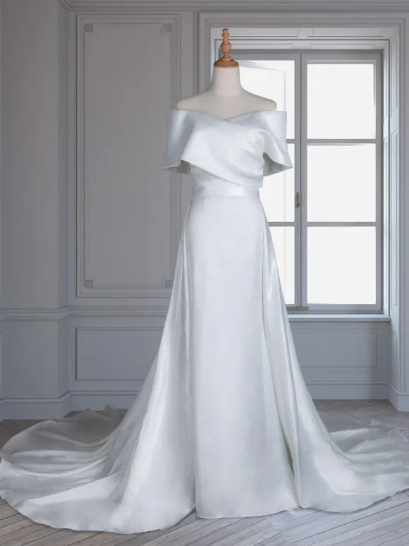 Robe de mariée vintage charleston ivoire en satin col bateau jupe sirène à traîne robe de mariage rétro