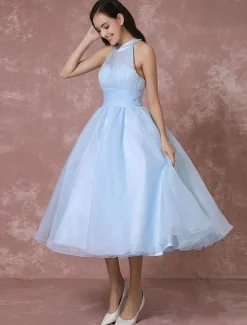 Robe de Mariée Vintage Courte en Tulle robe de mariée bleu dos nu robe de Cocktail longueur mollet robe de fête Milanoo