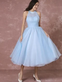 Robe de Mariée Vintage Courte en Tulle robe de mariée bleu dos nu robe de Cocktail longueur mollet robe de fête Milanoo