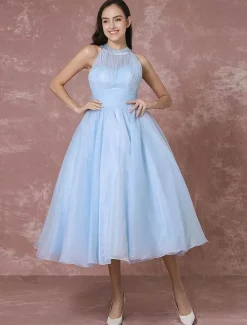 Robe de Mariée Vintage Courte en Tulle robe de mariée bleu dos nu robe de Cocktail longueur mollet robe de fête Milanoo