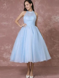 Robe de Mariée Vintage Courte en Tulle robe de mariée bleu dos nu robe de Cocktail longueur mollet robe de fête Milanoo
