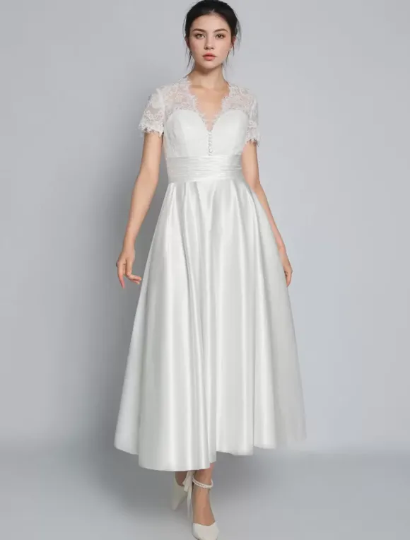 Robe de mariée vintage robe de mariée civile courte col V manche courte haut en dentelle jupe en satin
