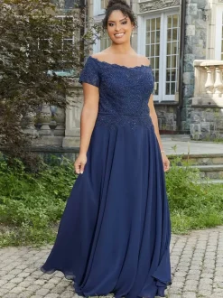 Robe de mère col bateau manches courtes a-ligne dentelle longueur au sol robes d'invité de mariage
