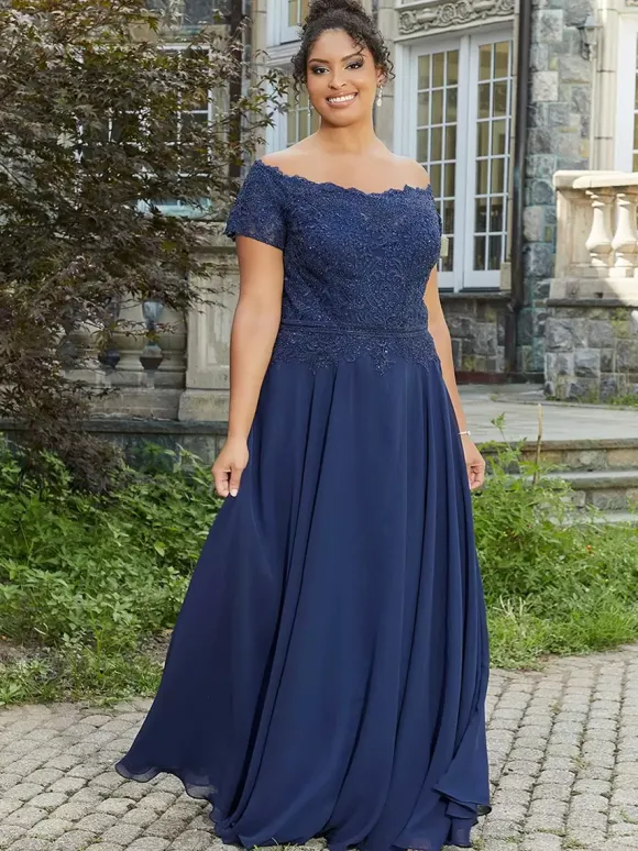 Robe de mère col bateau manches courtes a-ligne dentelle longueur au sol robes d'invité de mariage