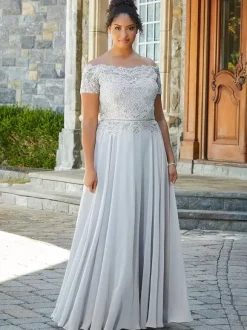 Robe de mère col bateau manches courtes a-ligne dentelle longueur au sol robes d'invité de mariage