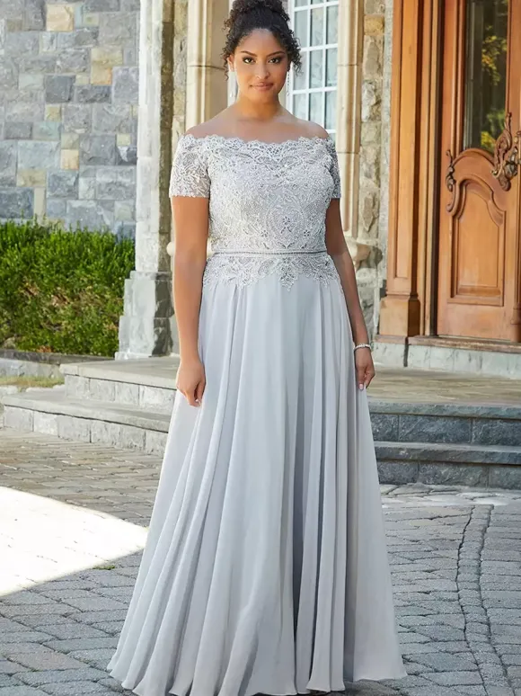Robe de mère col bateau manches courtes a-ligne dentelle longueur au sol robes d'invité de mariage