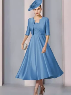 Robe de mère col bijou demi manches a-ligne dentelle longueur thé robes d'invité de mariage