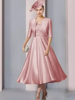 Robe de mère col bijou demi manches a-ligne dentelle longueur thé robes d'invité de mariage