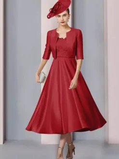Robe de mère col bijou demi manches a-ligne dentelle longueur thé robes d'invité de mariage