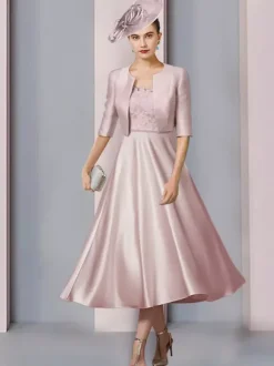 Robe de mère col bijou demi manches a-ligne dentelle longueur thé robes d'invité de mariage