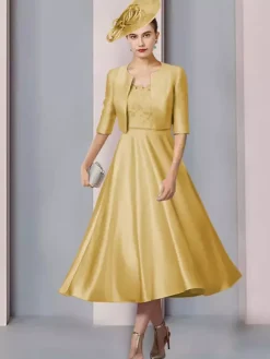 Robe de mère col bijou demi manches a-ligne dentelle longueur thé robes d'invité de mariage