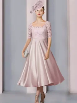 Robe de mère col bijou demi manches a-ligne dentelle longueur thé robes d'invité de mariage