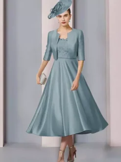 Robe de mère col bijou demi manches a-ligne dentelle longueur thé robes d'invité de mariage
