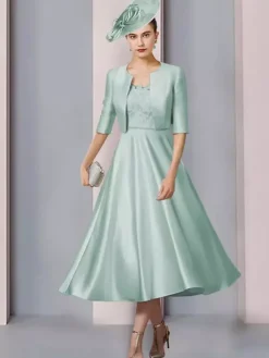 Robe de mère col bijou demi manches a-ligne dentelle longueur thé robes d'invité de mariage