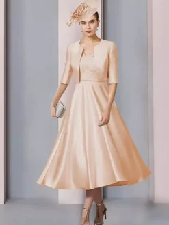 Robe de mère col bijou demi manches a-ligne dentelle longueur thé robes d'invité de mariage