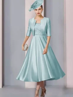 Robe de mère col bijou demi manches a-ligne dentelle longueur thé robes d'invité de mariage