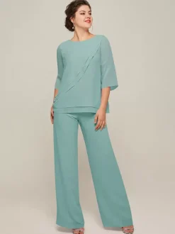 Robe de mère à col bijou manches 3/4 deux pièces à volants longueur au sol robes d'invitées pour mariage