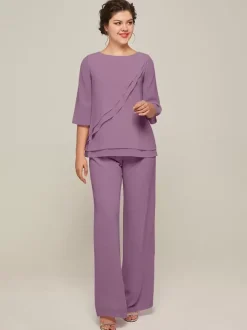Robe de mère à col bijou manches 3/4 deux pièces à volants longueur au sol robes d'invitées pour mariage