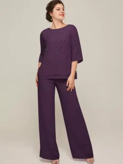Robe de mère à col bijou manches 3/4 deux pièces à volants longueur au sol robes d'invitées pour mariage
