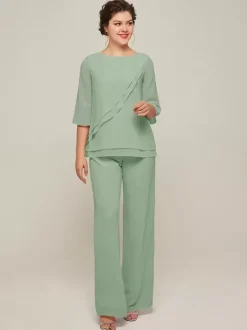 Robe de mère à col bijou manches 3/4 deux pièces à volants longueur au sol robes d'invitées pour mariage