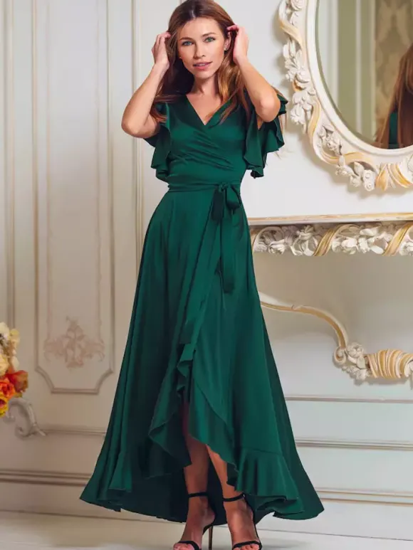 Robe de mère col en V manches courtes fendue sur le devant longueur cheville robes d'invitées de mariage