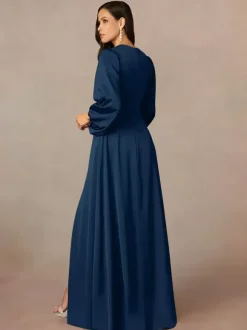 Robe de mère col en V manches 3/4 ligne a plissée longueur au sol robes d'invitées de mariage
