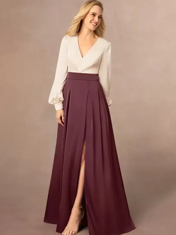 Robe de mère col en V manches longues ligne a fendue sur le devant robes d'invitées de mariage