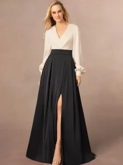 Robe de mère col en V manches longues ligne a fendue sur le devant robes d'invitées de mariage