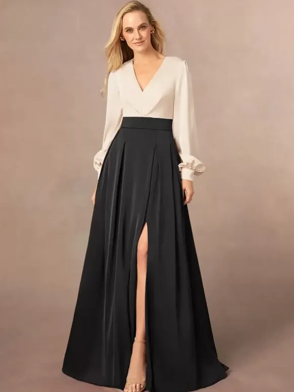 Robe de mère col en V manches longues ligne a fendue sur le devant robes d'invitées de mariage