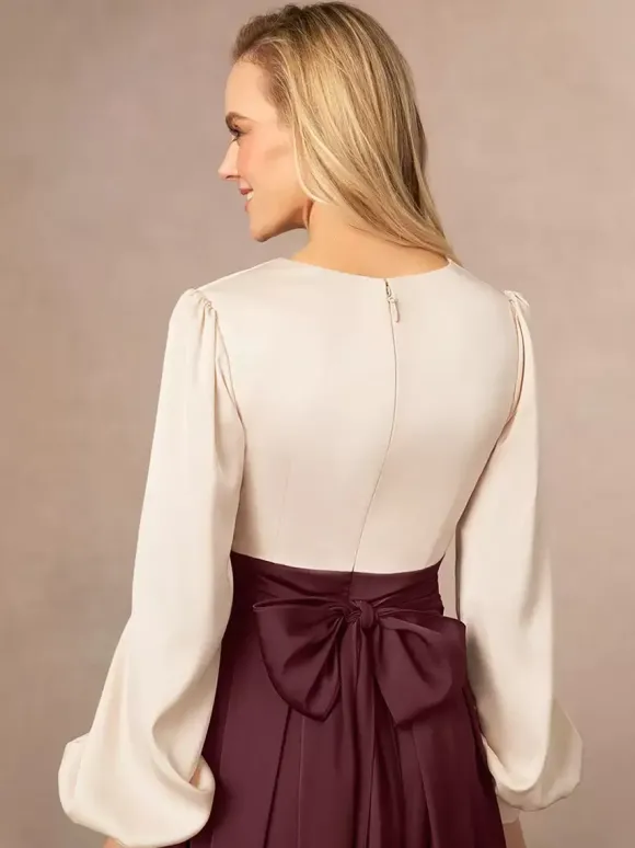 Robe de mère col en V manches longues ligne a fendue sur le devant robes d'invitées de mariage