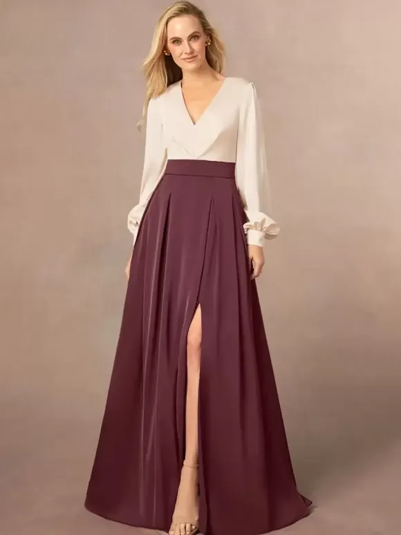 Robe de mère col en V manches longues ligne a fendue sur le devant robes d'invitées de mariage