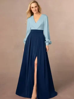 Robe de mère col en V manches longues ligne a fendue sur le devant robes d'invitées de mariage