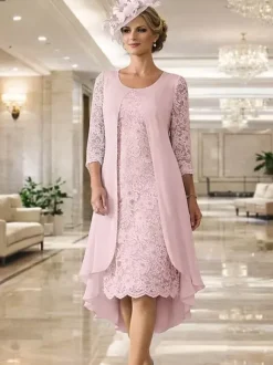 Robe de mère col rond manches 3/4 coupe trapèze dentelle robe d'invitée pour mariage