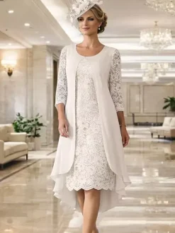 Robe de mère col rond manches 3/4 coupe trapèze dentelle robe d'invitée pour mariage