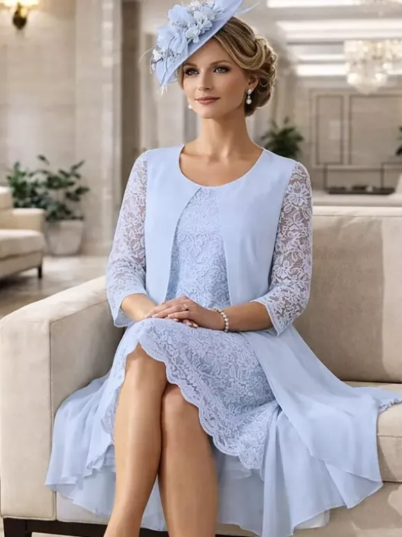 Robe de mère col rond manches 3/4 coupe trapèze dentelle robe d'invitée pour mariage