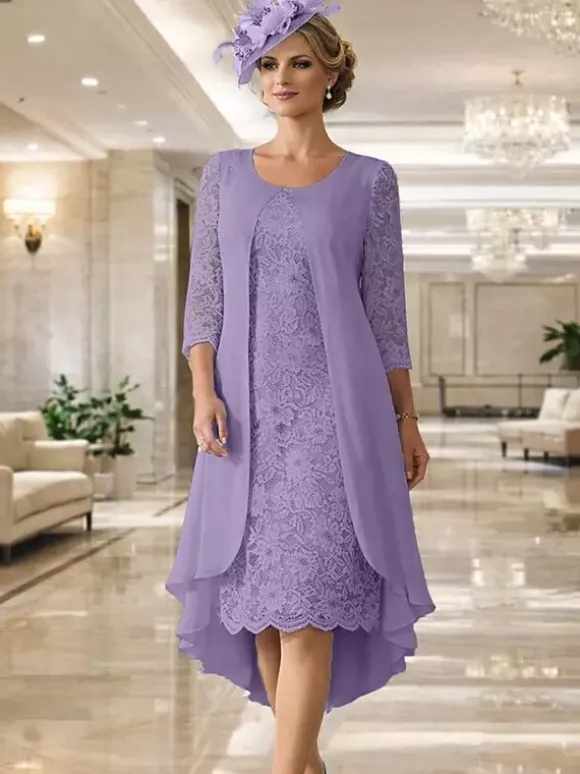 Robe de mère col rond manches 3/4 coupe trapèze dentelle robe d'invitée pour mariage