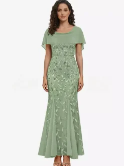Robe de mère col rond manches courtes robe de bal en dentelle robe d'invitée de mariage