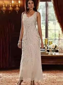 Robe de mère conçue décolleté manches longues deux pièces paillettes longueur cheville robes d'invité de mariage